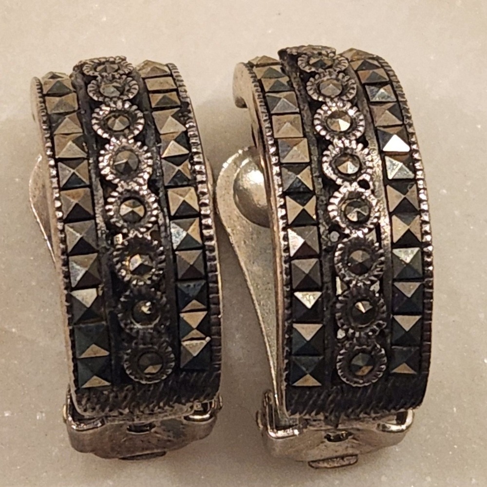925 Sterling Silver Clip On Earrings Half Hoop Womens Vintage Marcasite Style